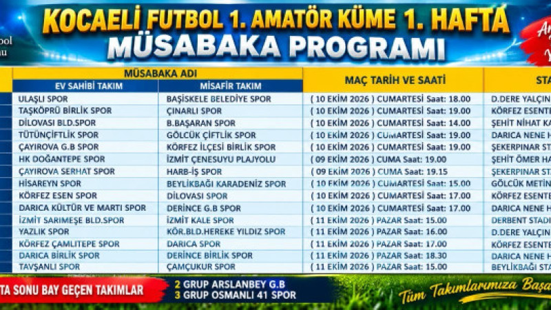 KOCAELİ 1. AMATÖR KÜME’DE 2026-2027 YILI İLK HAFTA PERDESİ CUMA GÜNÜ AÇILIYOR